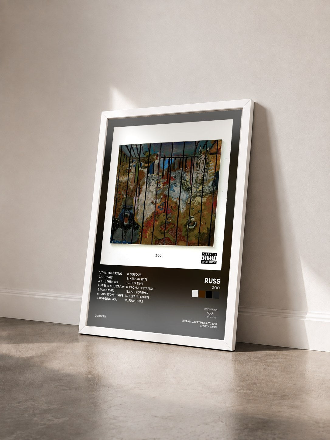#blanc Tableau de l'album ZOO de Russ vu de trois quarts, cadre blanc