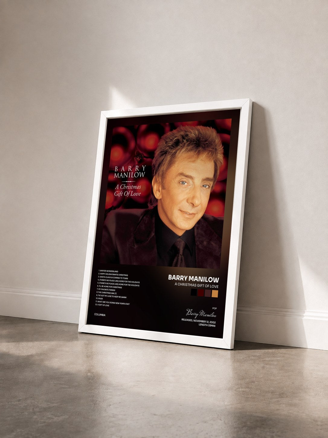 #blanc Tableau de l'album A Christmas Gift Of Love de Barry Manilow vu de trois quarts, cadre blanc