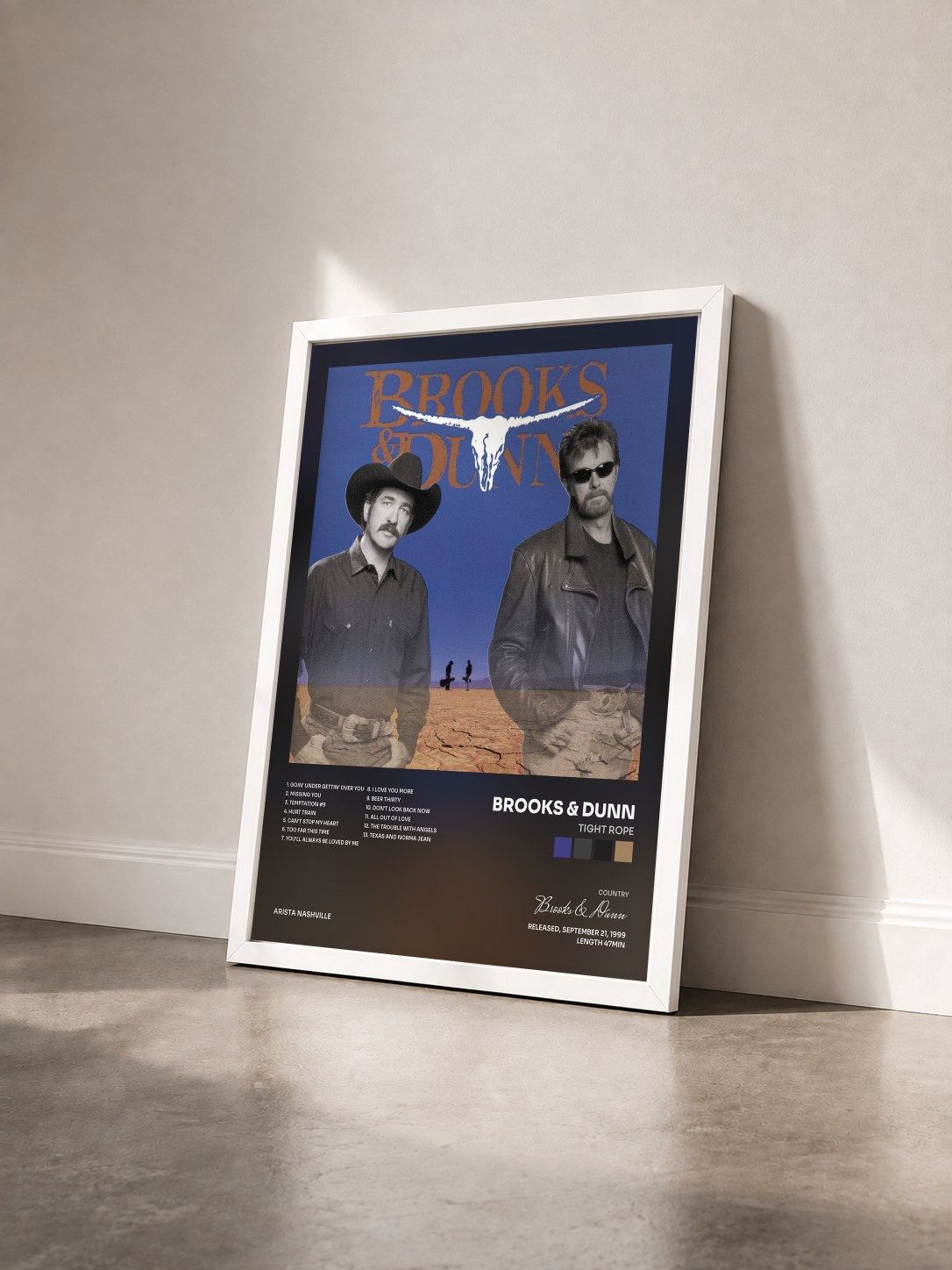 #blanc Tableau de l'album Tight Rope de Brooks & Dunn vu de trois quarts, cadre blanc