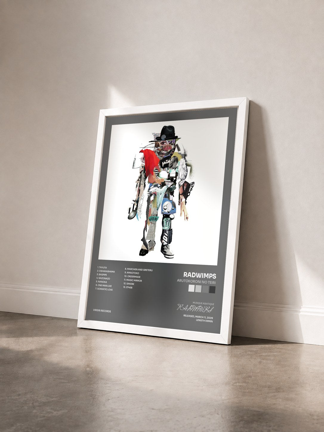 #blanc Tableau de l'album Arutokoroni no Teiri de RADWIMPS vu de trois quarts, cadre blanc