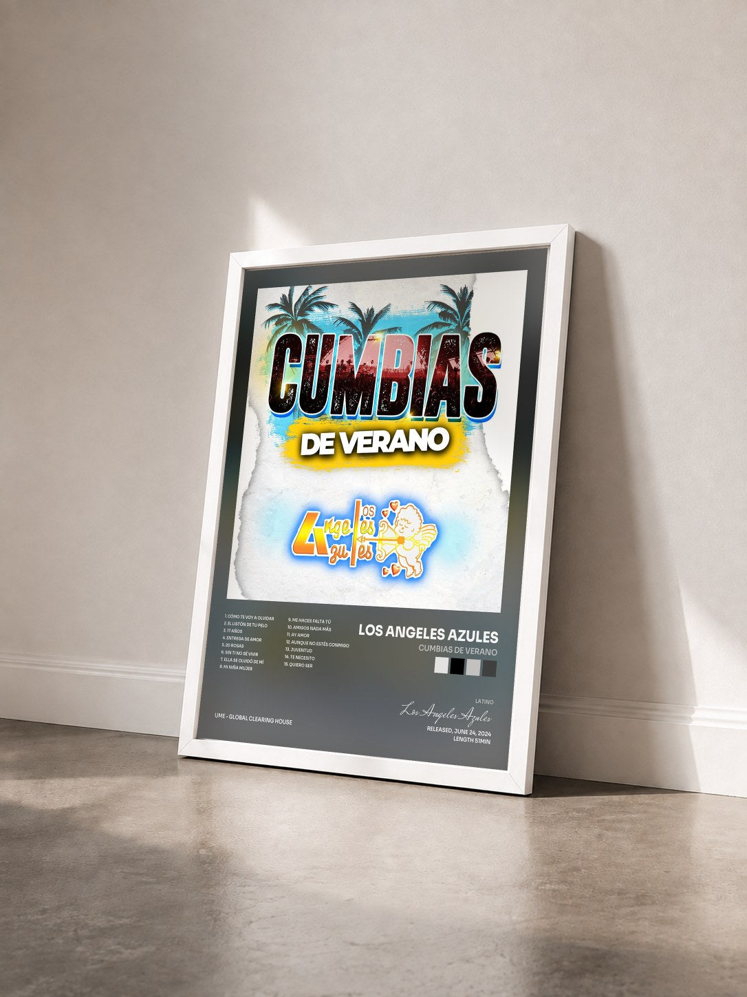 #blanc Tableau de l'album CUMBIAS DE VERANO de Los Angeles Azules vu de trois quarts, cadre blanc
