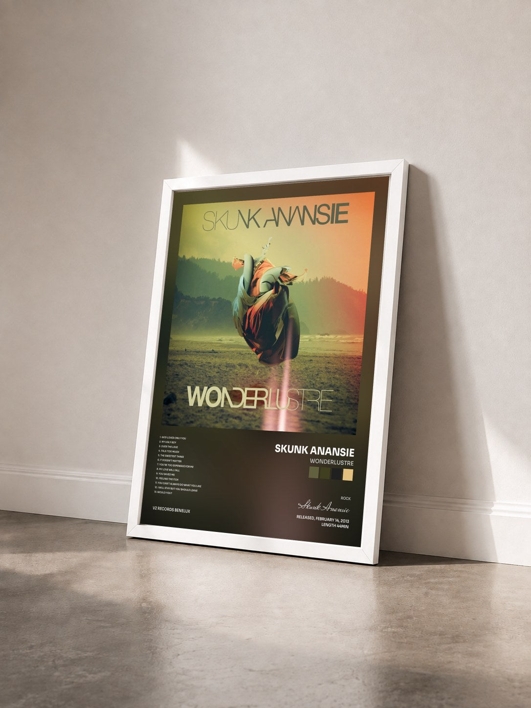 #blanc Tableau de l'album Wonderlustre de Skunk Anansie vu de trois quarts, cadre blanc