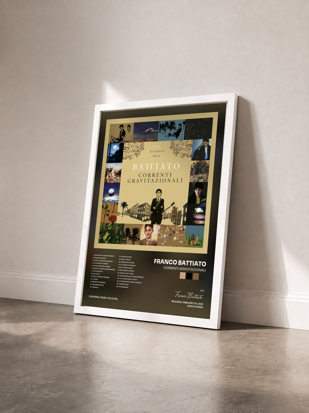 #blanc Tableau de l'album Correnti Gravitazionali de Franco Battiato vu de trois quarts, cadre blanc