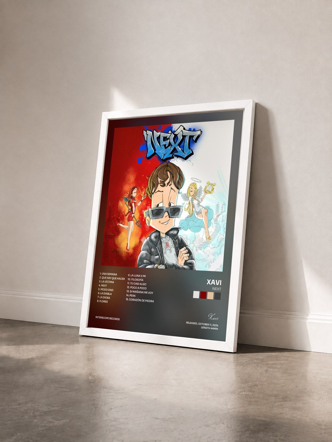 #blanc Tableau de l'album NEXT de Xavi vu de trois quarts, cadre blanc