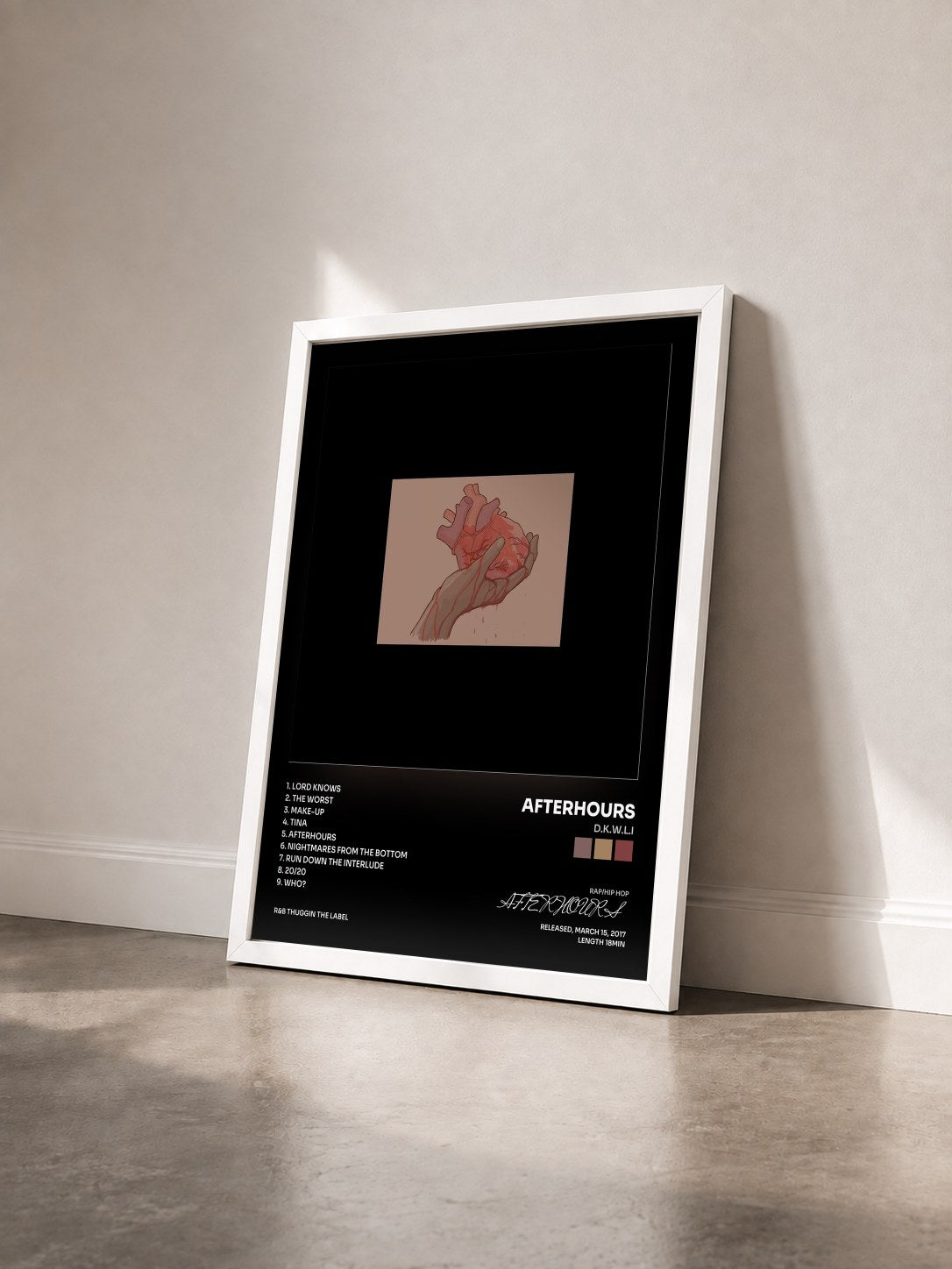 #blanc Tableau de l'album D.K.W.L.I de AFTERHOURS vu de trois quarts, cadre blanc