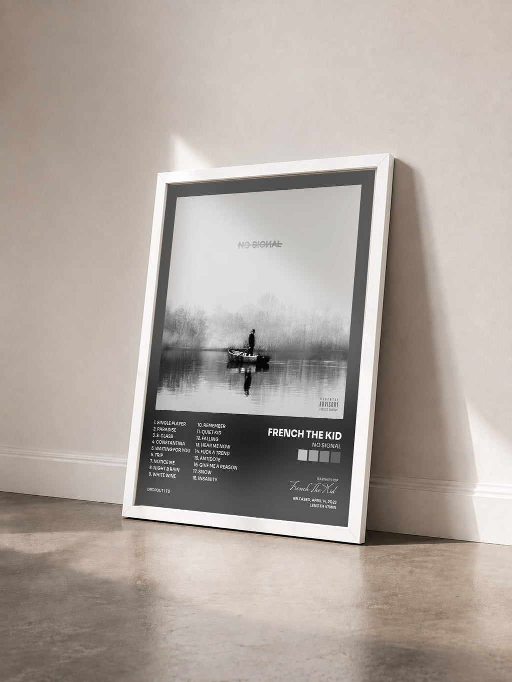 #blanc No Signal by French The Kid as a framed art print seen at an angle, white frame