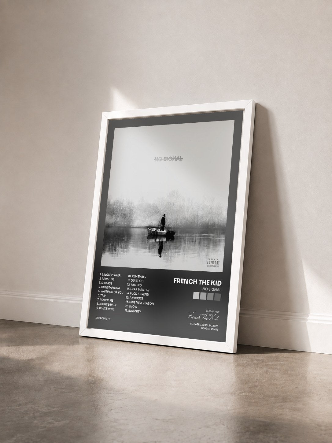 #blanc No Signal by French The Kid as a framed art print seen at an angle, white frame