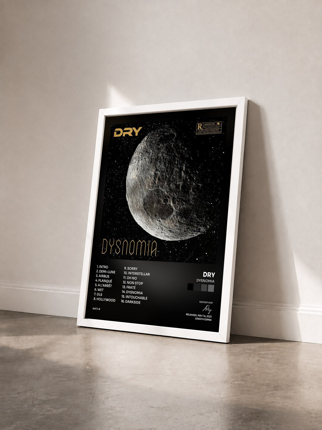 #blanc Tableau de l'album Dysnomia de Dry vu de trois quarts, cadre blanc