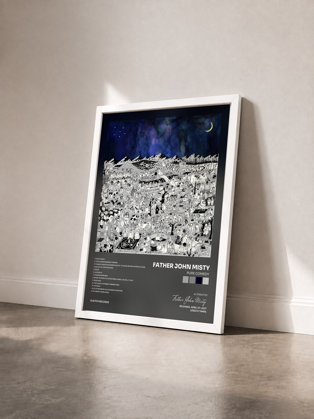 #blanc Tableau de l'album Pure Comedy de Father John Misty vu de trois quarts, cadre blanc