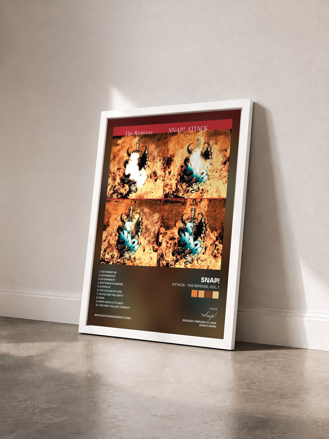 #blanc Tableau de l'album Attack - The Remixes, Vol. 1 de Snap! vu de trois quarts, cadre blanc