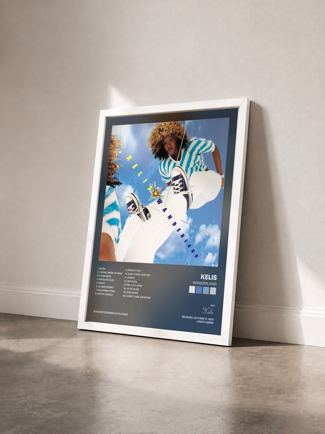 #blanc Tableau de l'album Wanderland de Kelis vu de trois quarts, cadre blanc