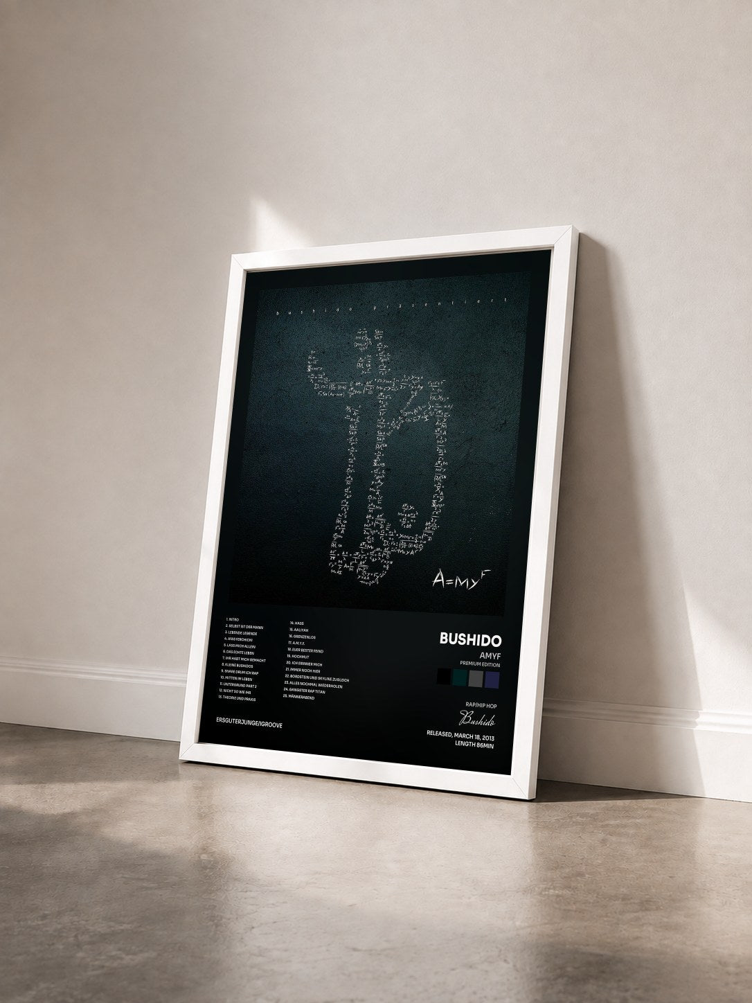 #blanc Tableau de l'album AMYF (Premium Edition) de Bushido vu de trois quarts, cadre blanc