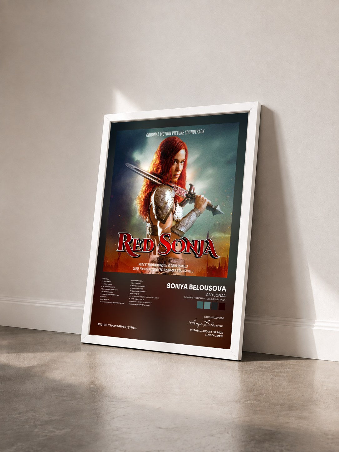 #blanc Tableau de l'album Red Sonja (Original Motion Picture Soundtrack) de Sonya Belousova vu de trois quarts, cadre blanc