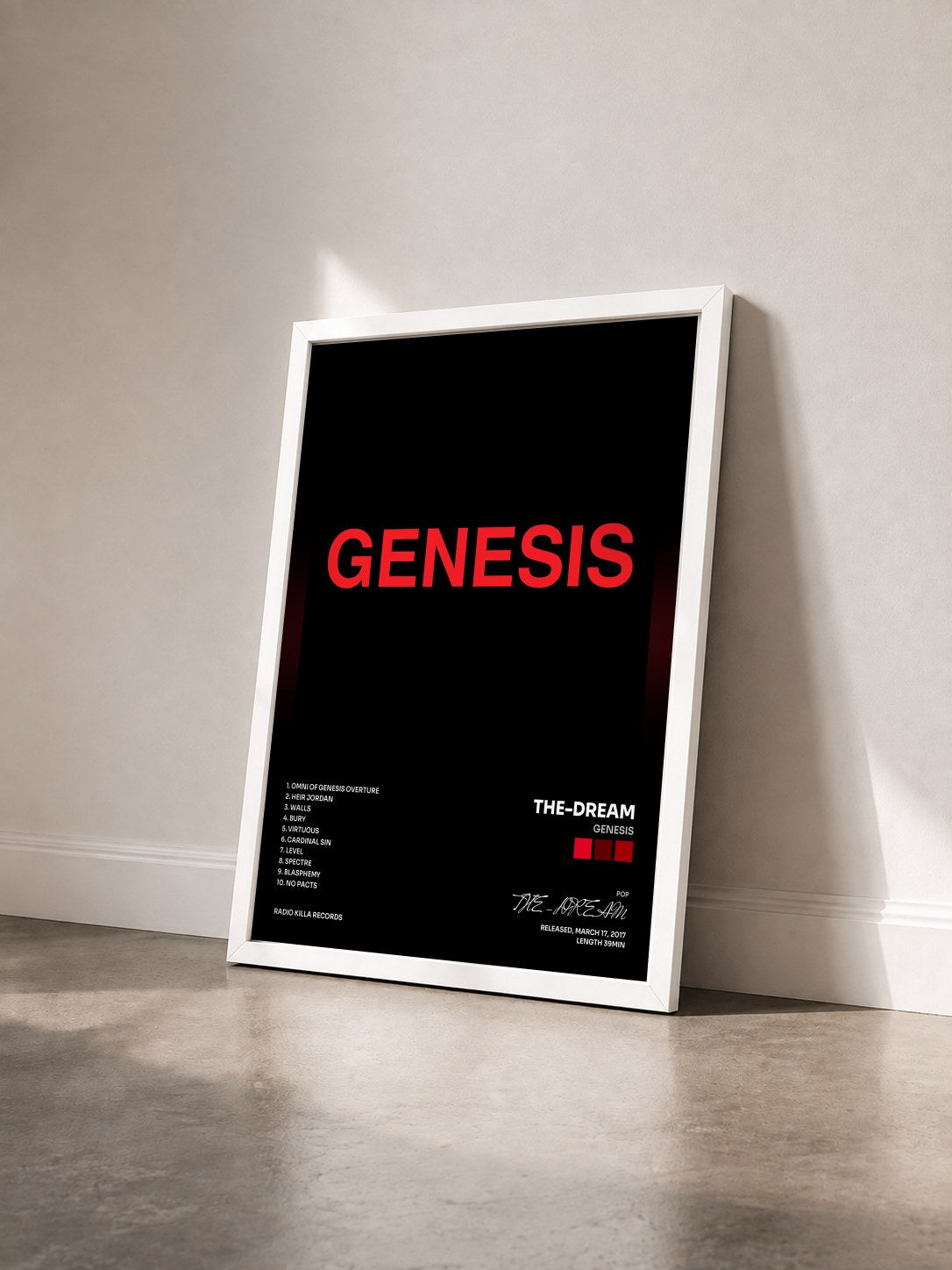 #blanc Tableau de l'album Genesis de THE-DREAM vu de trois quarts, cadre blanc