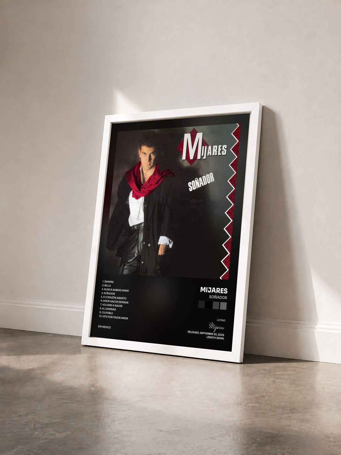 #blanc Tableau de l'album Soñador de Mijares vu de trois quarts, cadre blanc