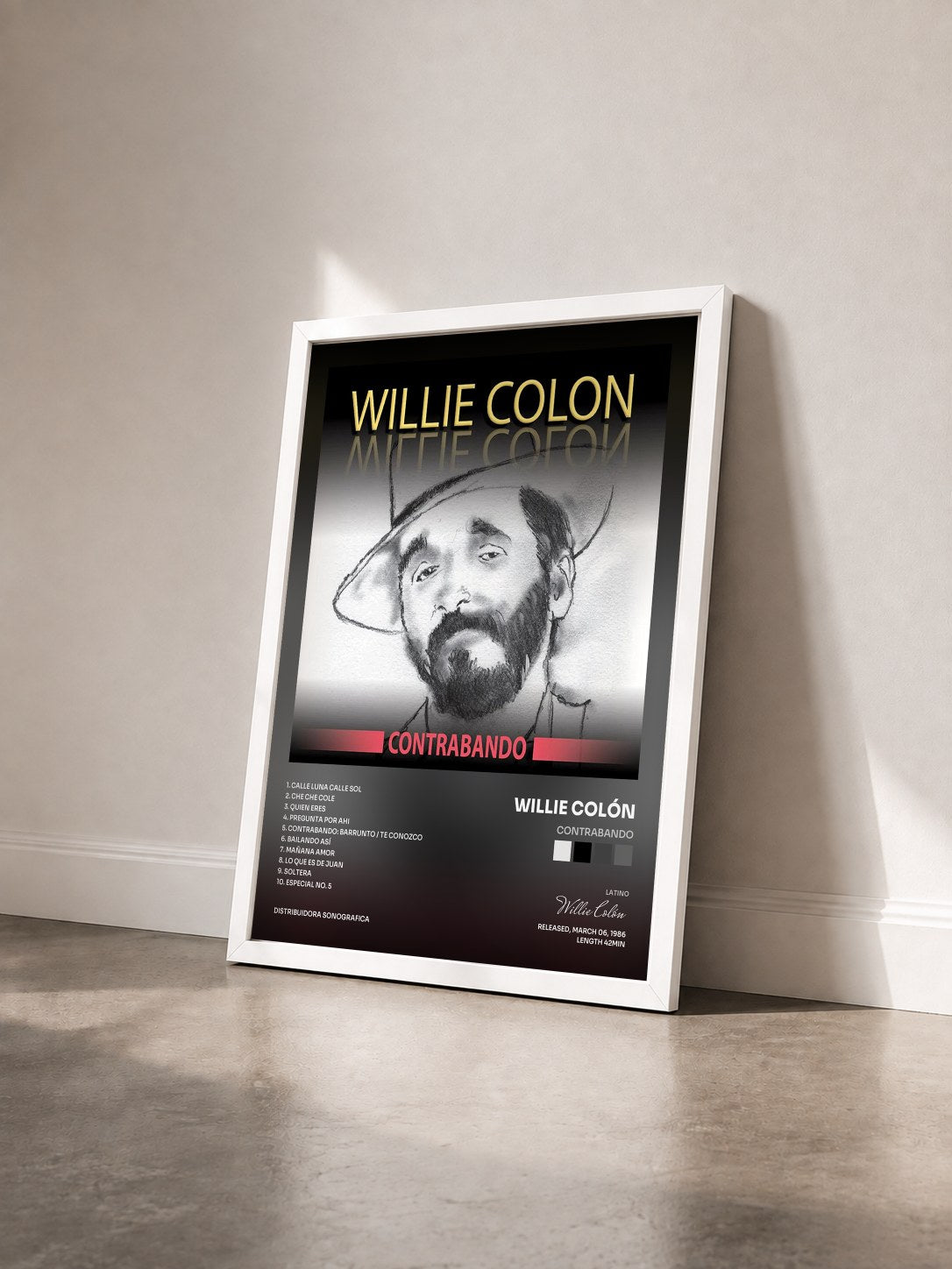 #blanc Tableau de l'album Contrabando de Willie Colón vu de trois quarts, cadre blanc
