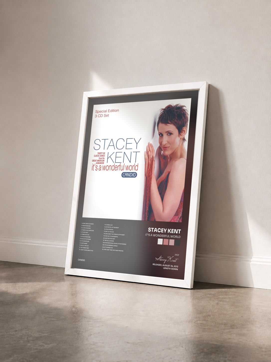 #blanc Tableau de l'album It's A Wonderful World de Stacey Kent vu de trois quarts, cadre blanc