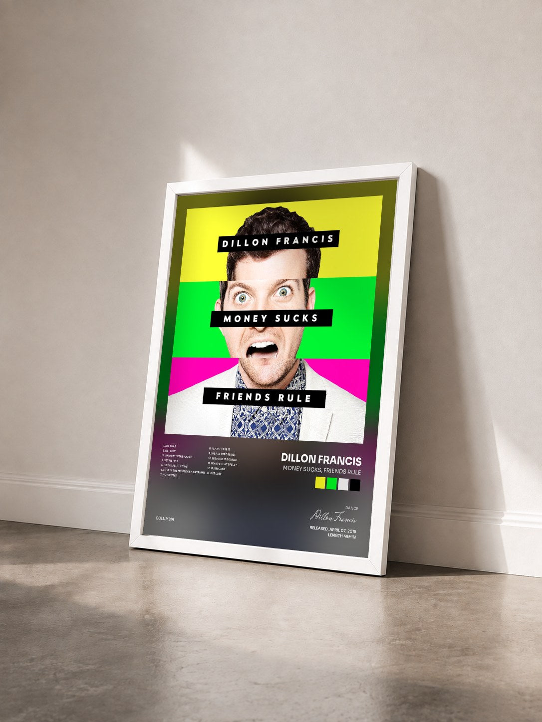 #blanc Tableau de l'album Money Sucks, Friends Rule de Dillon Francis vu de trois quarts, cadre blanc