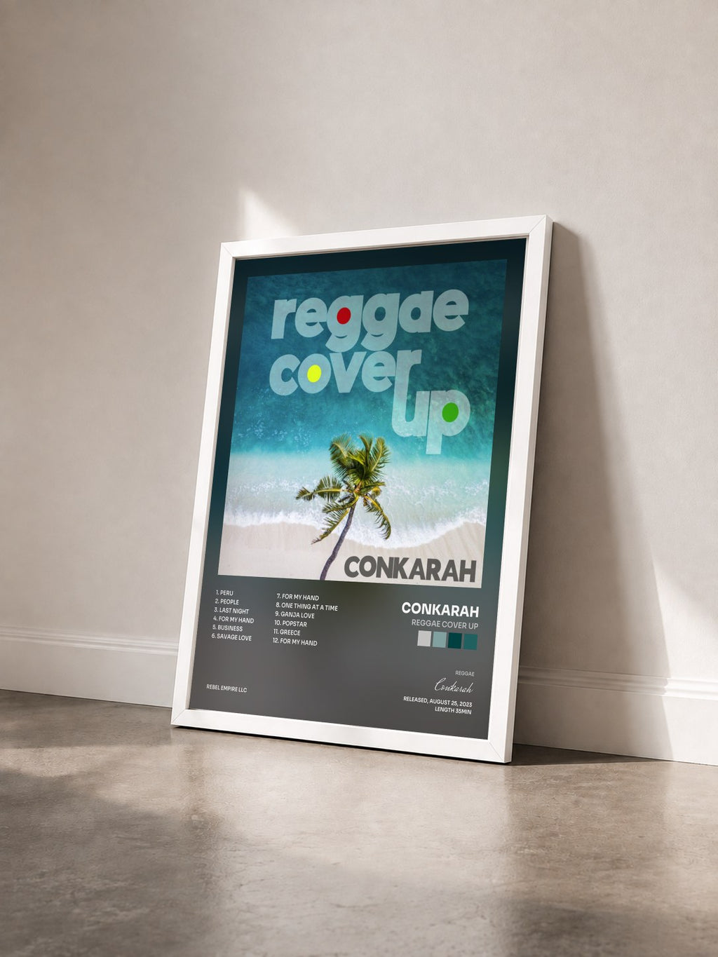 #blanc Tableau de l'album Reggae Cover Up de Conkarah vu de trois quarts, cadre blanc