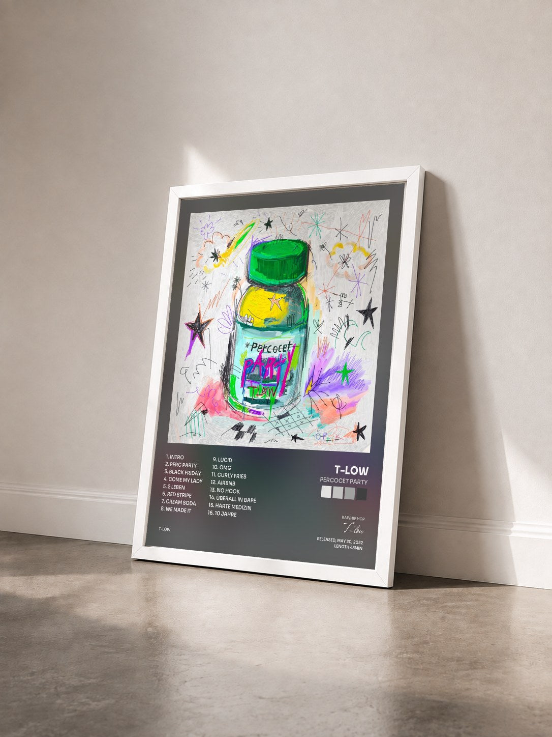 #blanc Tableau de l'album Percocet Party de T-low vu de trois quarts, cadre blanc