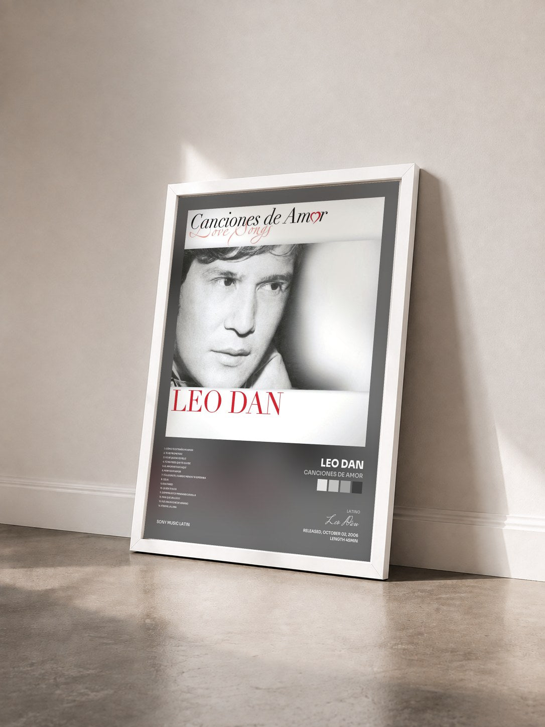 #blanc Tableau de l'album Canciones De Amor de Leo Dan vu de trois quarts, cadre blanc