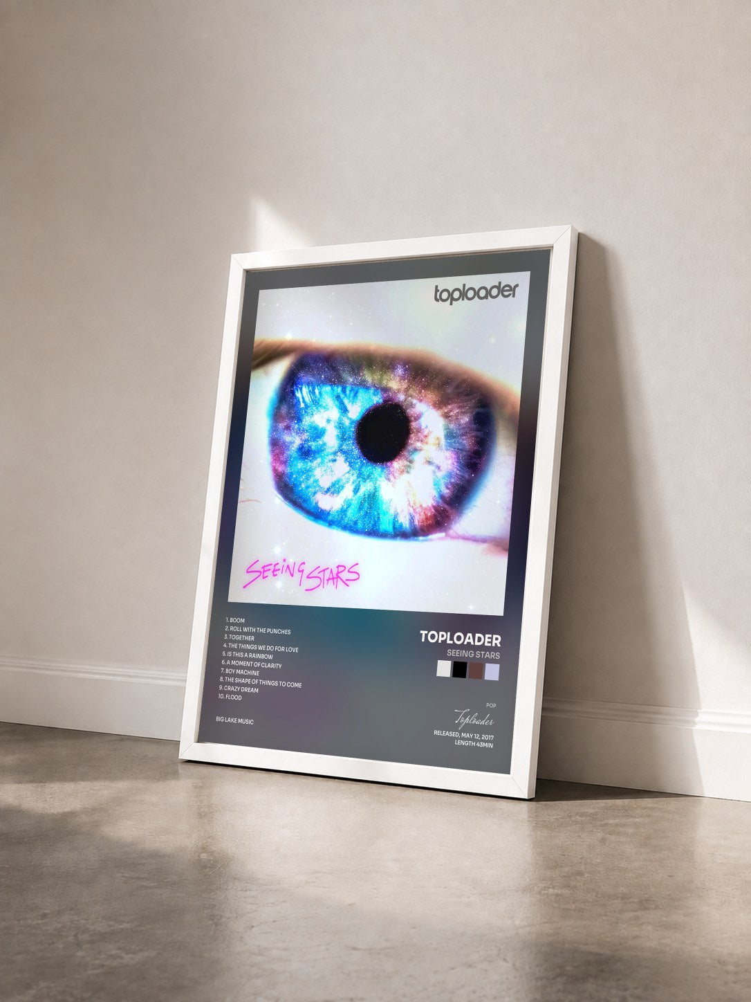 #blanc Tableau de l'album Seeing Stars de Toploader vu de trois quarts, cadre blanc