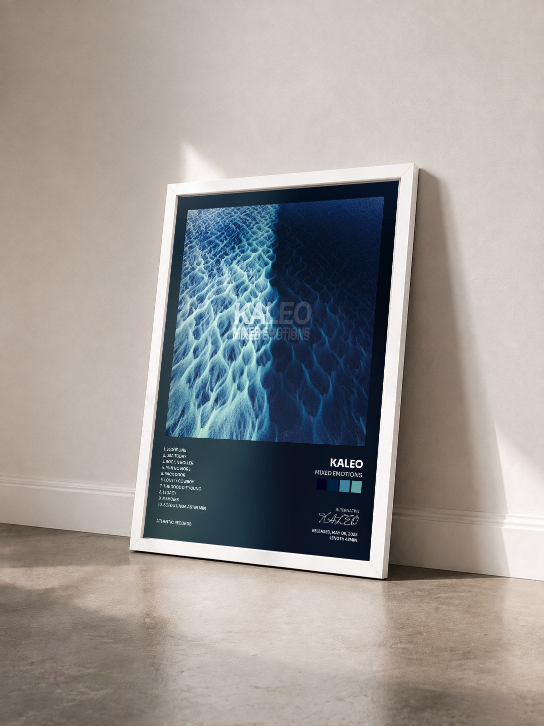 #blanc Tableau de l'album MIXED EMOTIONS de KALEO vu de trois quarts, cadre blanc