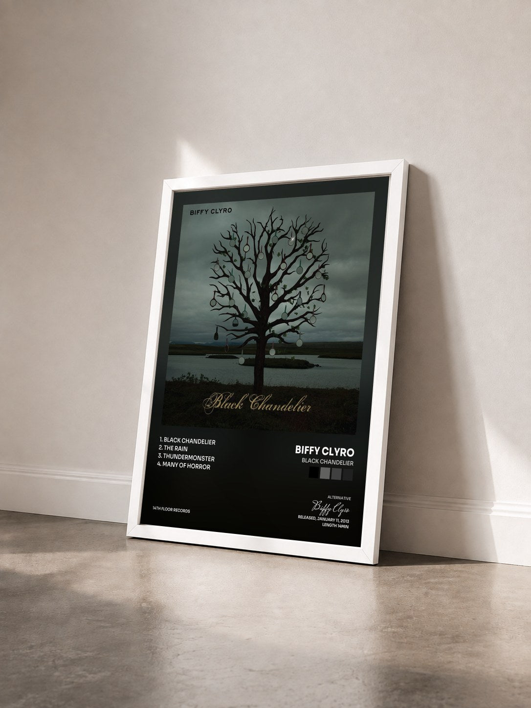 #blanc Tableau de l'album Black Chandelier de Biffy Clyro vu de trois quarts, cadre blanc