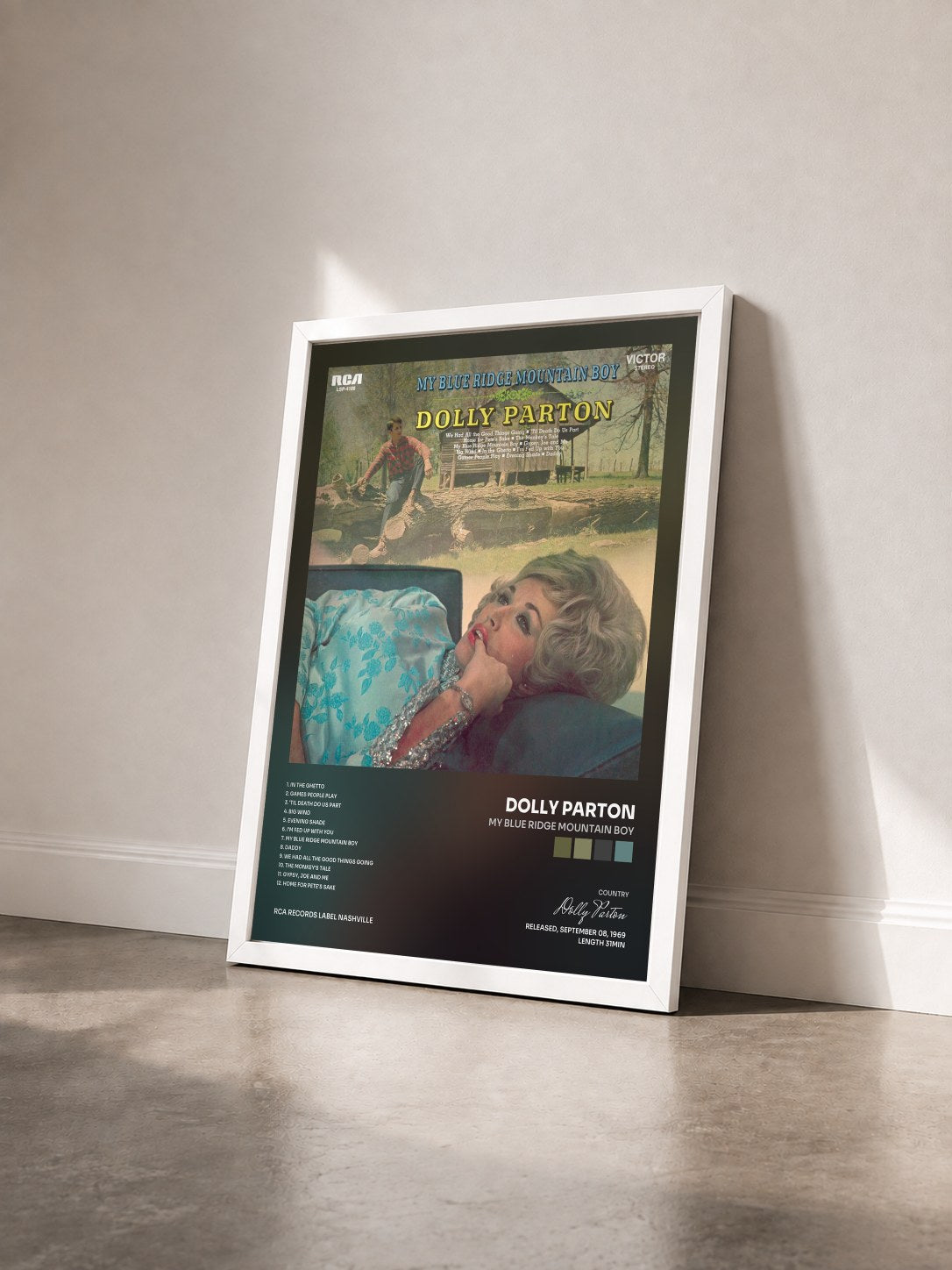 #blanc Tableau de l'album My Blue Ridge Mountain Boy de Dolly Parton vu de trois quarts, cadre blanc