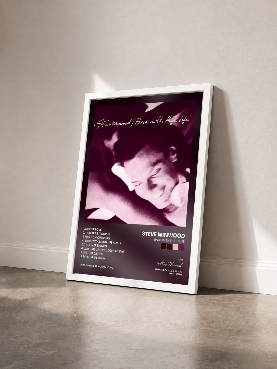 #blanc Tableau de l'album Back In The High Life de Steve Winwood vu de trois quarts, cadre blanc