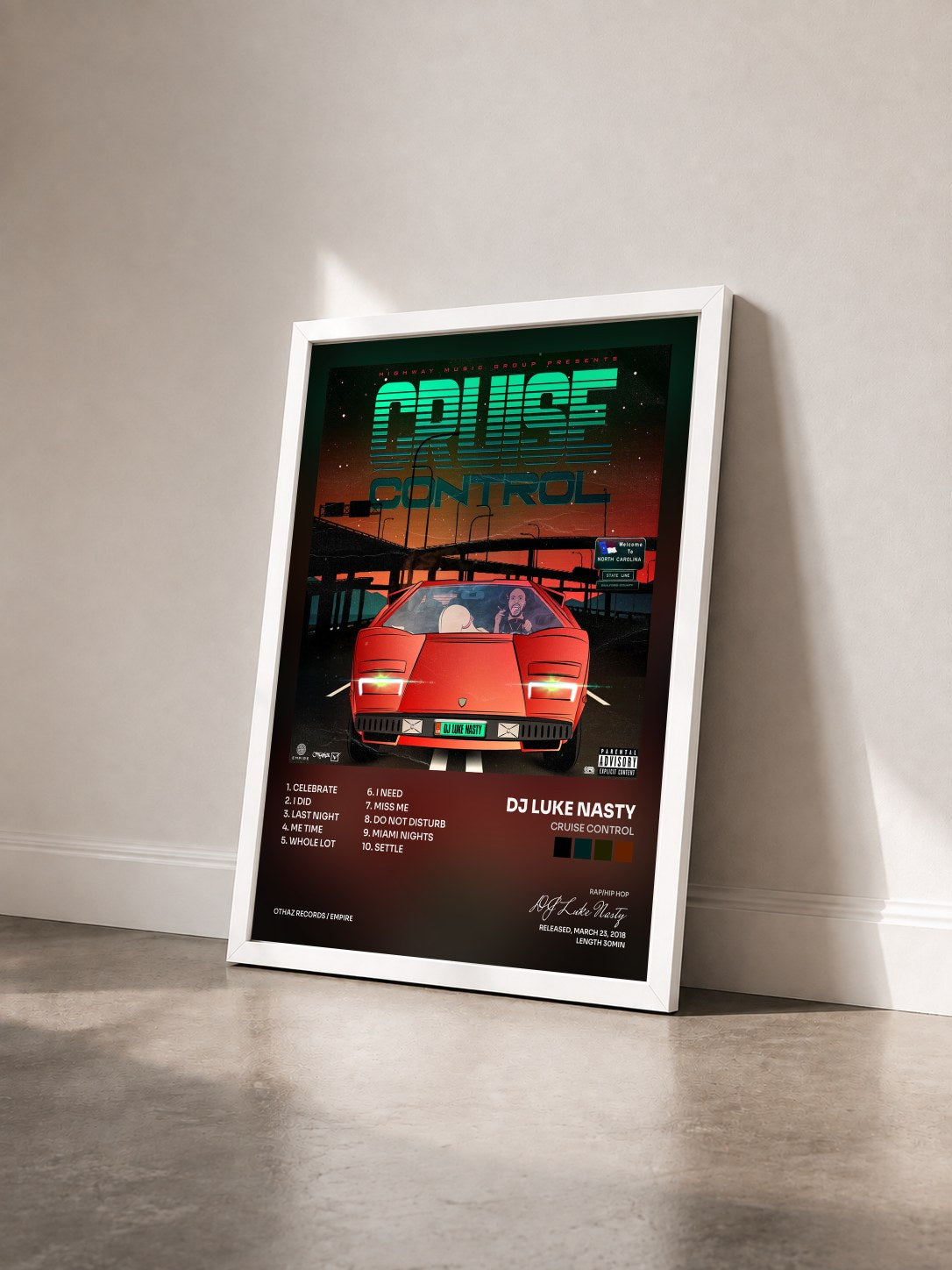 #blanc Tableau de l'album Cruise Control de DJ Luke Nasty vu de trois quarts, cadre blanc