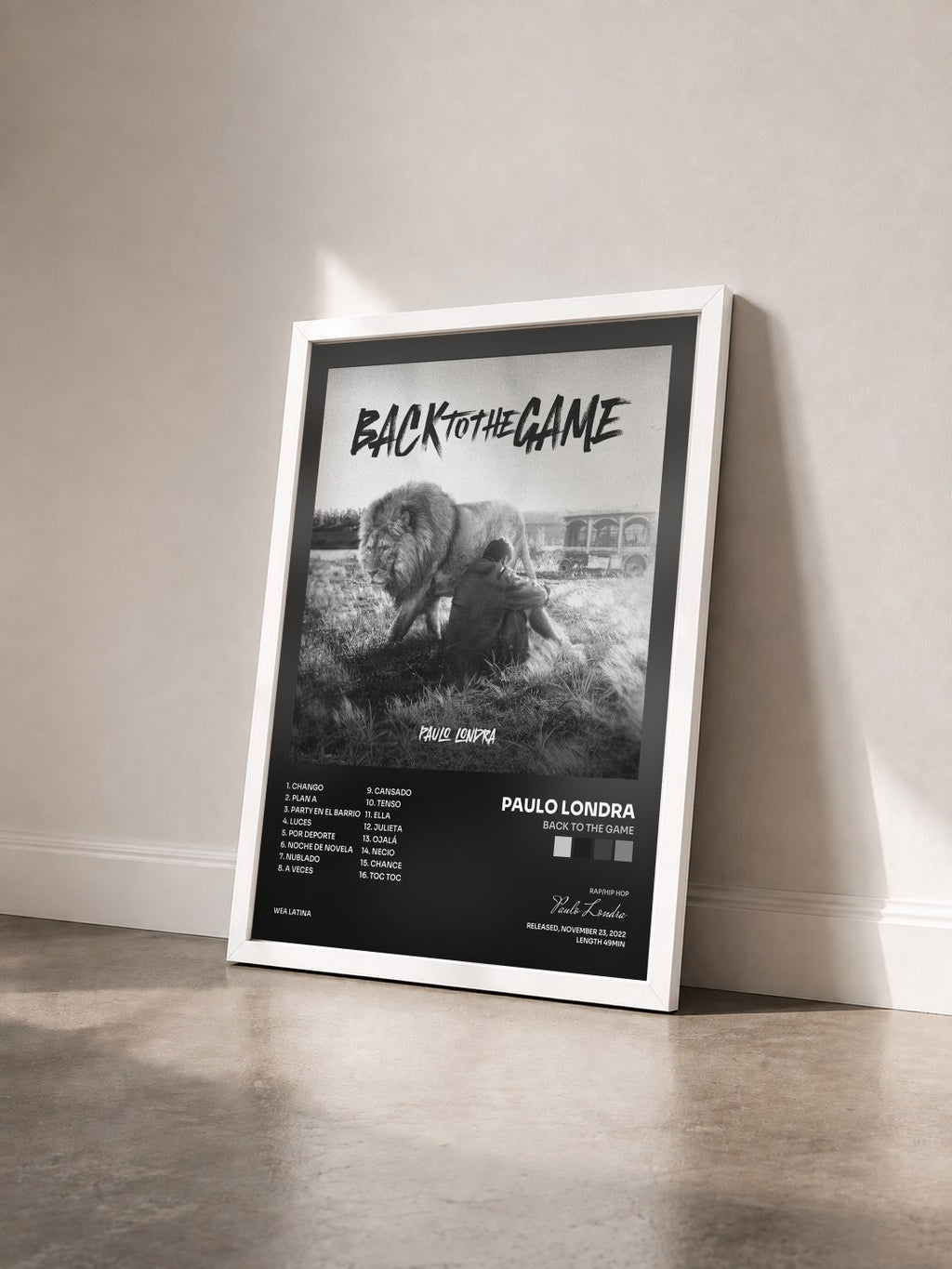#blanc Tableau de l'album Back To The Game de Paulo Londra vu de trois quarts, cadre blanc