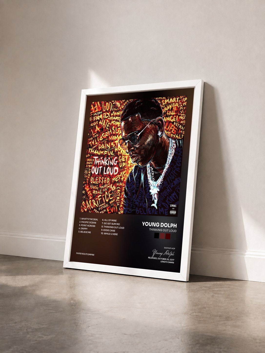 #blanc Tableau de l'album Thinking Out Loud de Young Dolph vu de trois quarts, cadre blanc