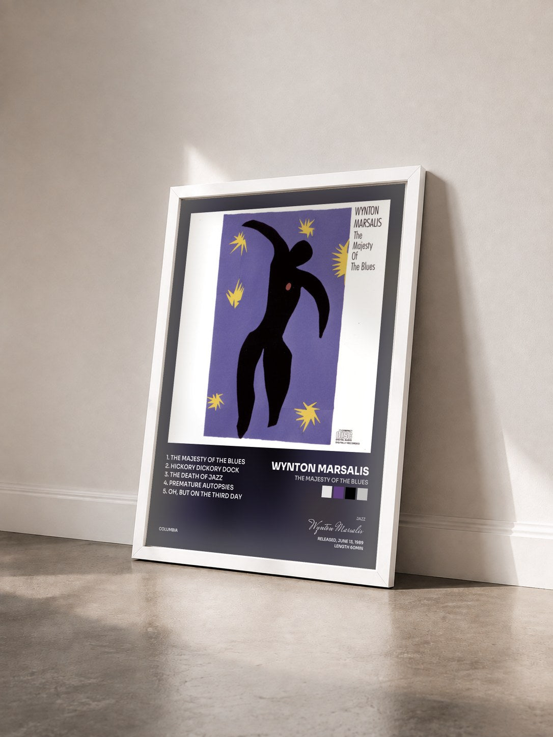 #blanc Tableau de l'album The Majesty Of The Blues de Wynton Marsalis vu de trois quarts, cadre blanc