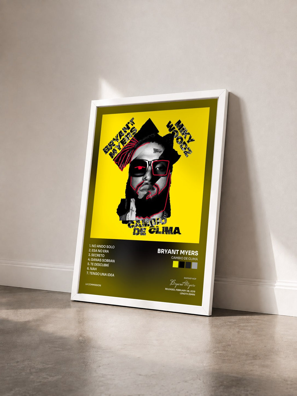 #blanc Tableau de l'album Cambio de Clima de Bryant Myers vu de trois quarts, cadre blanc