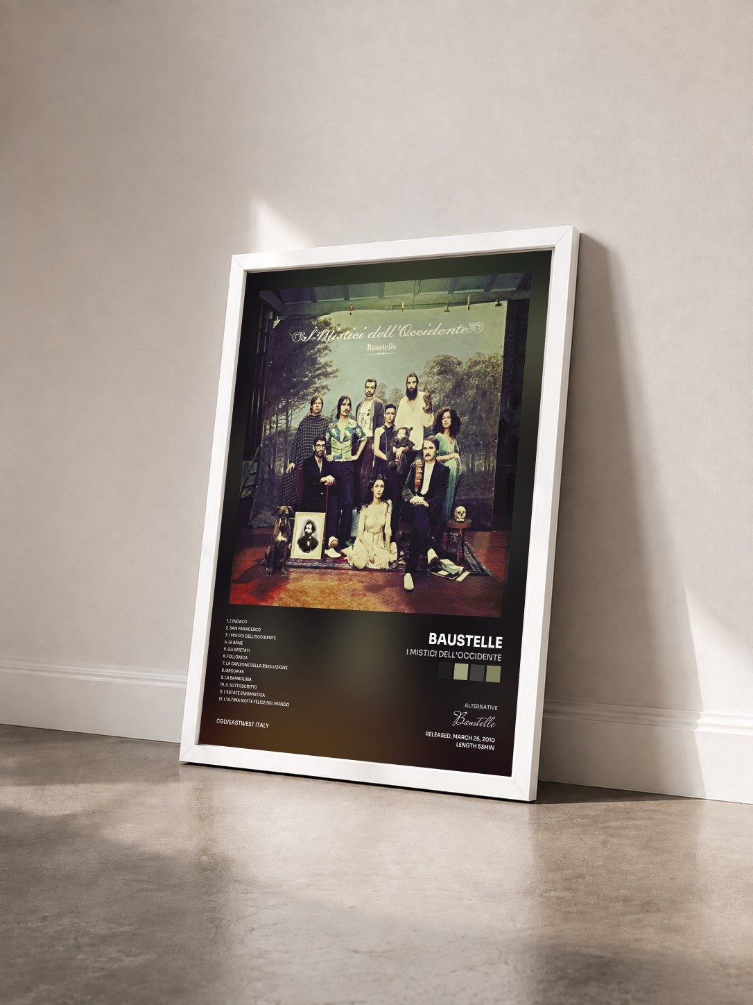 #blanc Tableau de l'album I mistici dell'Occidente de Baustelle vu de trois quarts, cadre blanc