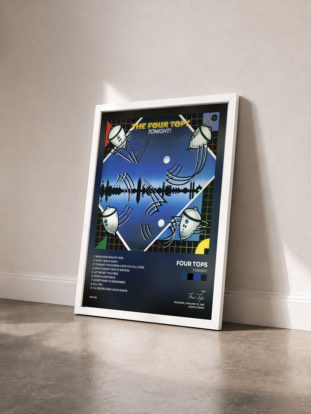 #blanc Tableau de l'album Tonight de Four Tops vu de trois quarts, cadre blanc
