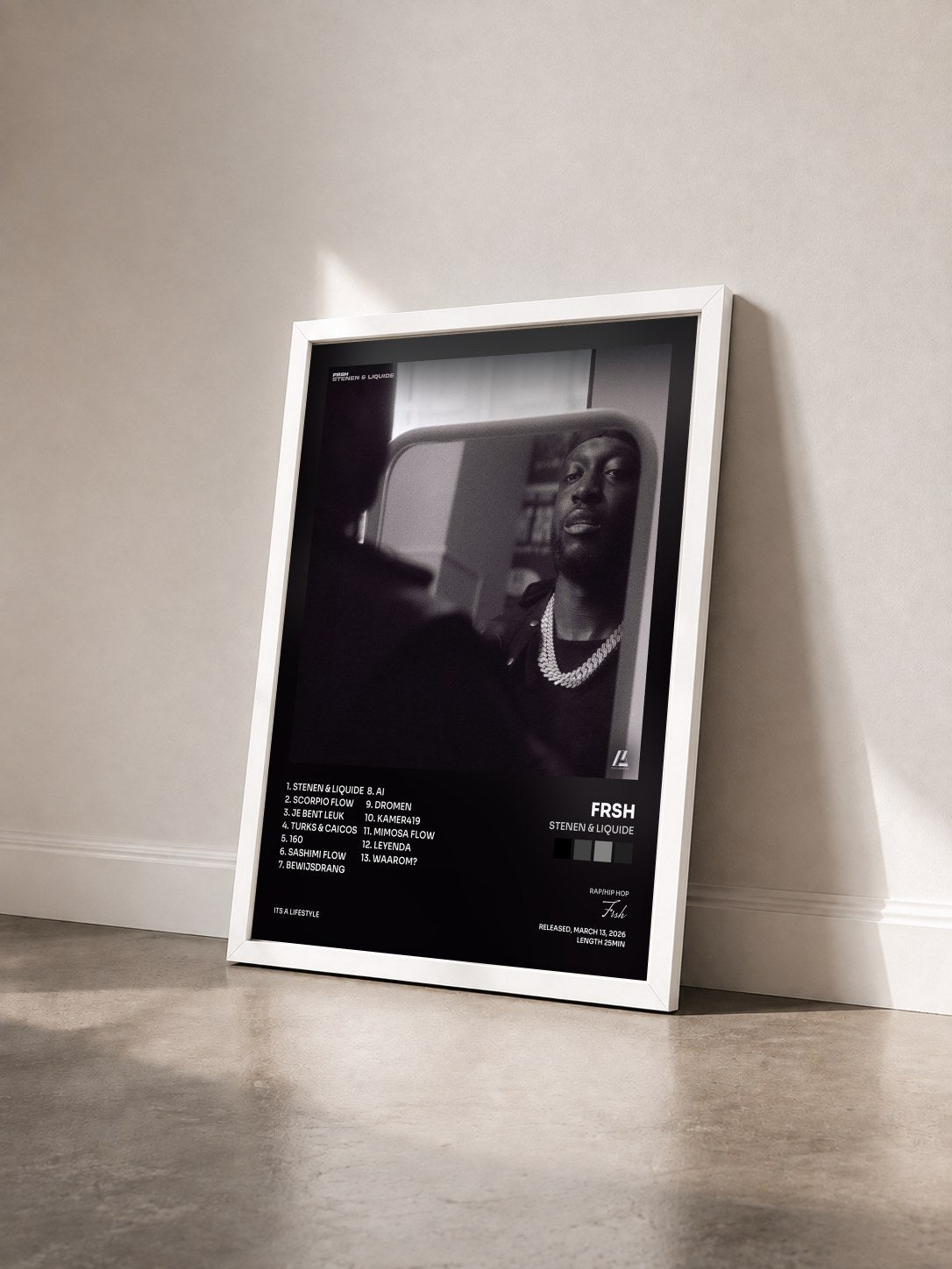 #blanc Tableau de l'album Stenen & Liquide de Frsh vu de trois quarts, cadre blanc