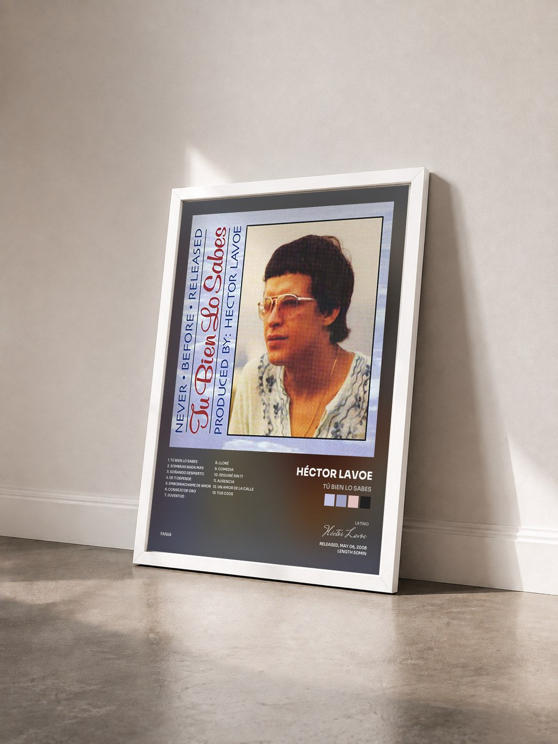 #blanc Tableau de l'album Tú Bien Lo Sabes de Héctor Lavoe vu de trois quarts, cadre blanc
