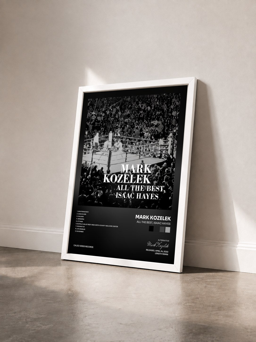 #blanc Tableau de l'album All the Best, Isaac Hayes de Mark Kozelek vu de trois quarts, cadre blanc