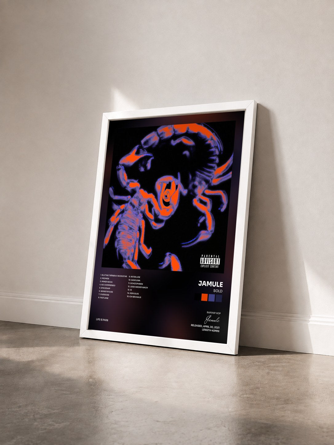 #blanc Tableau de l'album SOLD de Jamule vu de trois quarts, cadre blanc
