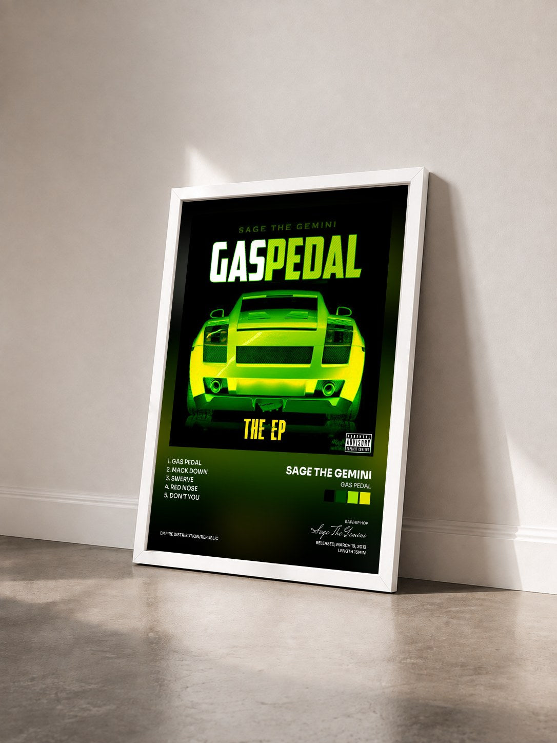 #blanc Tableau de l'album Gas Pedal de Sage The Gemini vu de trois quarts, cadre blanc