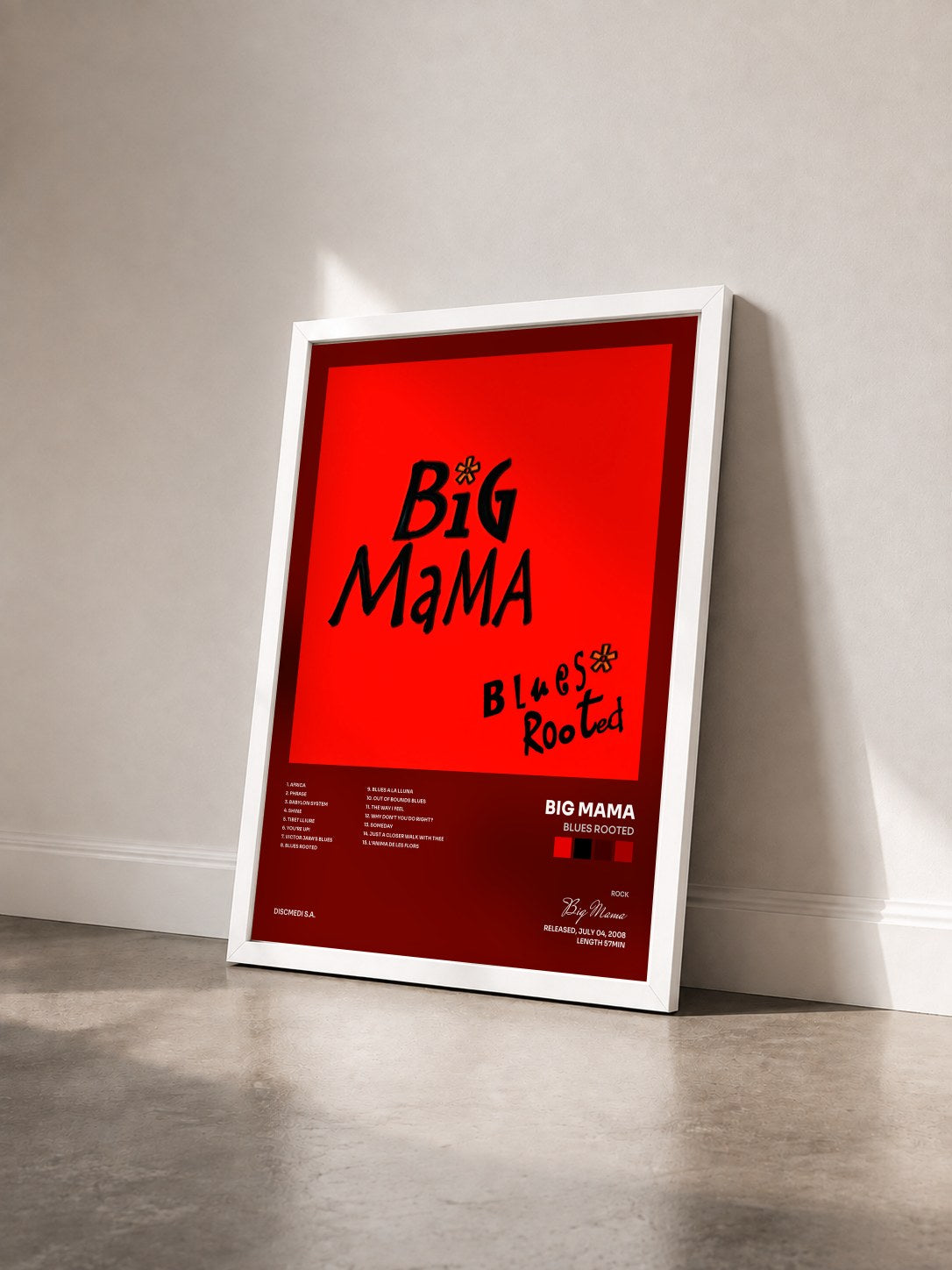 #blanc Tableau de l'album Blues Rooted de Big Mama vu de trois quarts, cadre blanc