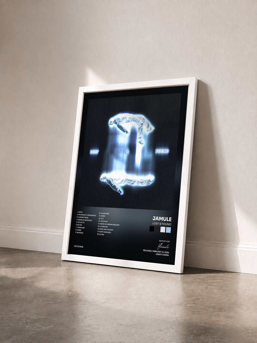 #blanc Tableau de l'album Lost & Found de Jamule vu de trois quarts, cadre blanc