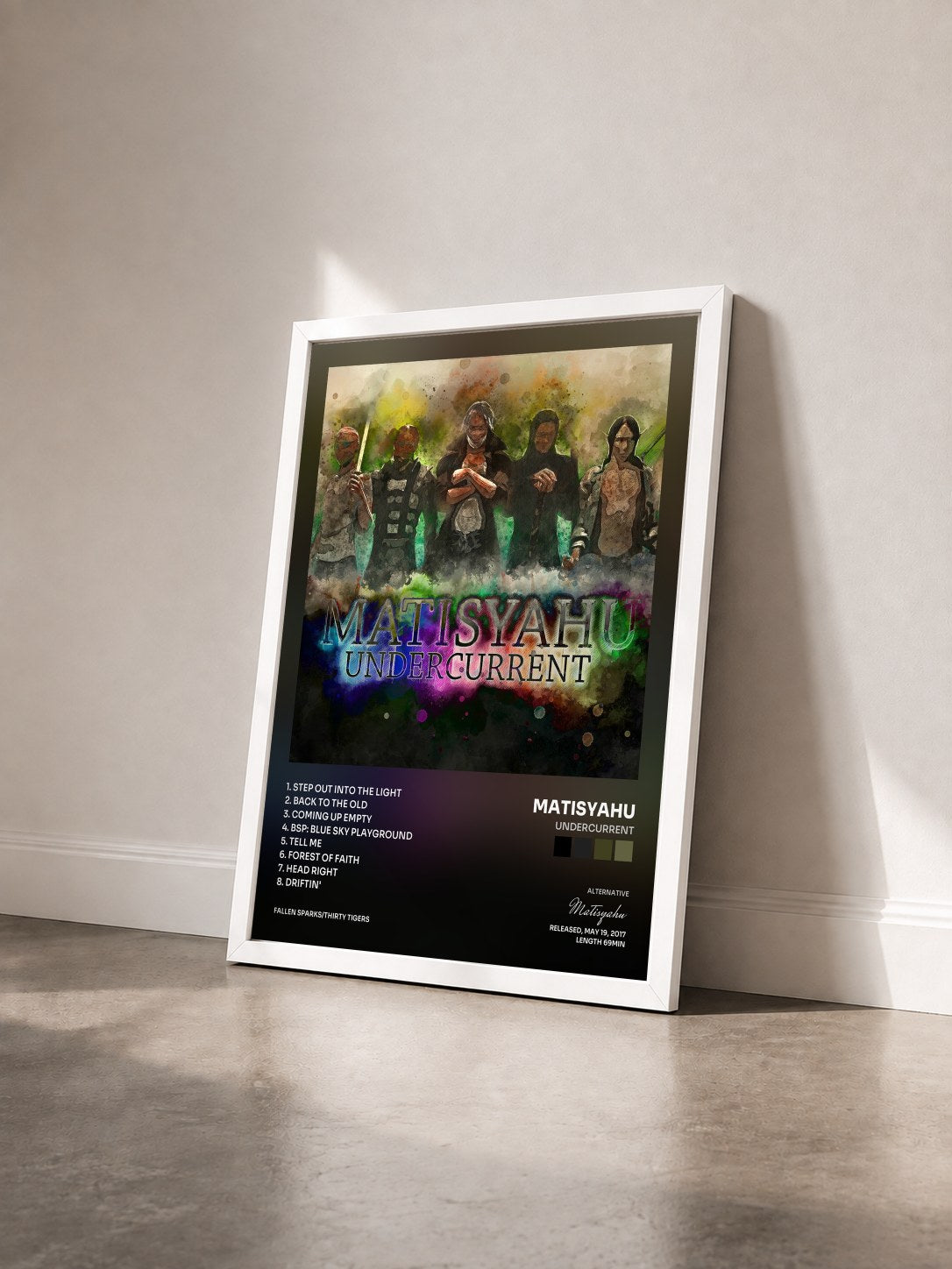 #blanc Tableau de l'album Undercurrent de Matisyahu vu de trois quarts, cadre blanc
