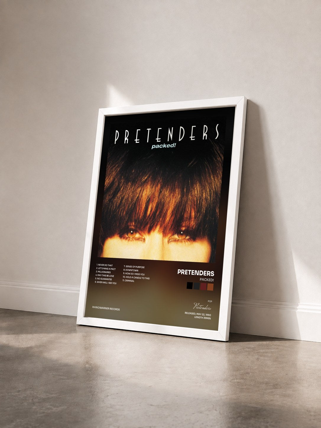 #blanc Tableau de l'album Packed! de Pretenders vu de trois quarts, cadre blanc