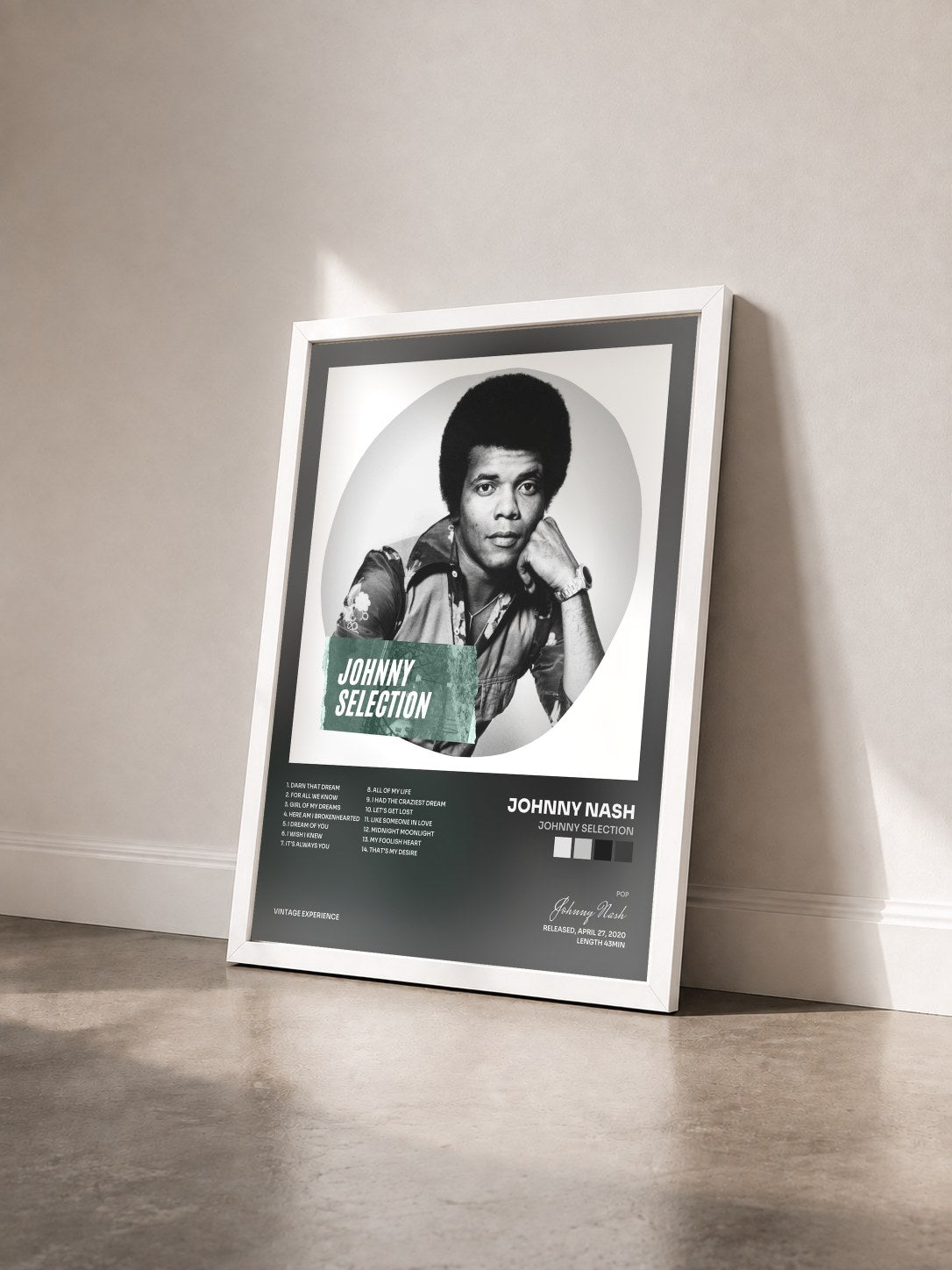 #blanc Tableau de l'album Johnny Selection de Johnny Nash vu de trois quarts, cadre blanc