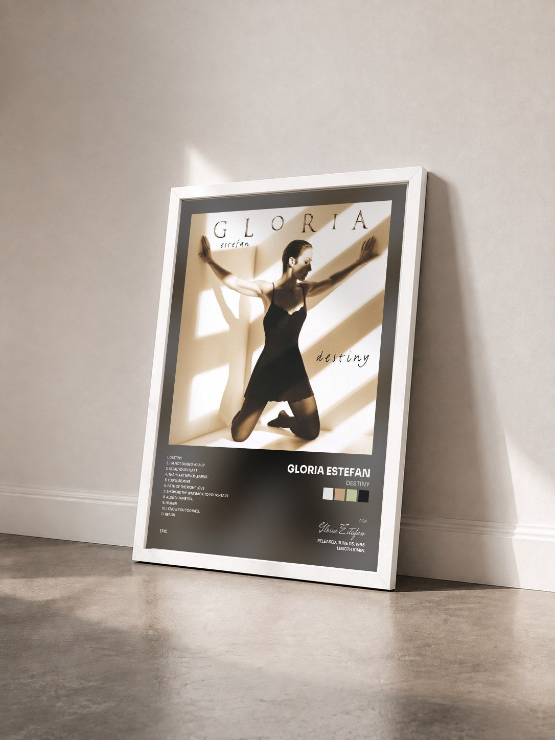 #blanc Tableau de l'album DESTINY de Gloria Estefan vu de trois quarts, cadre blanc