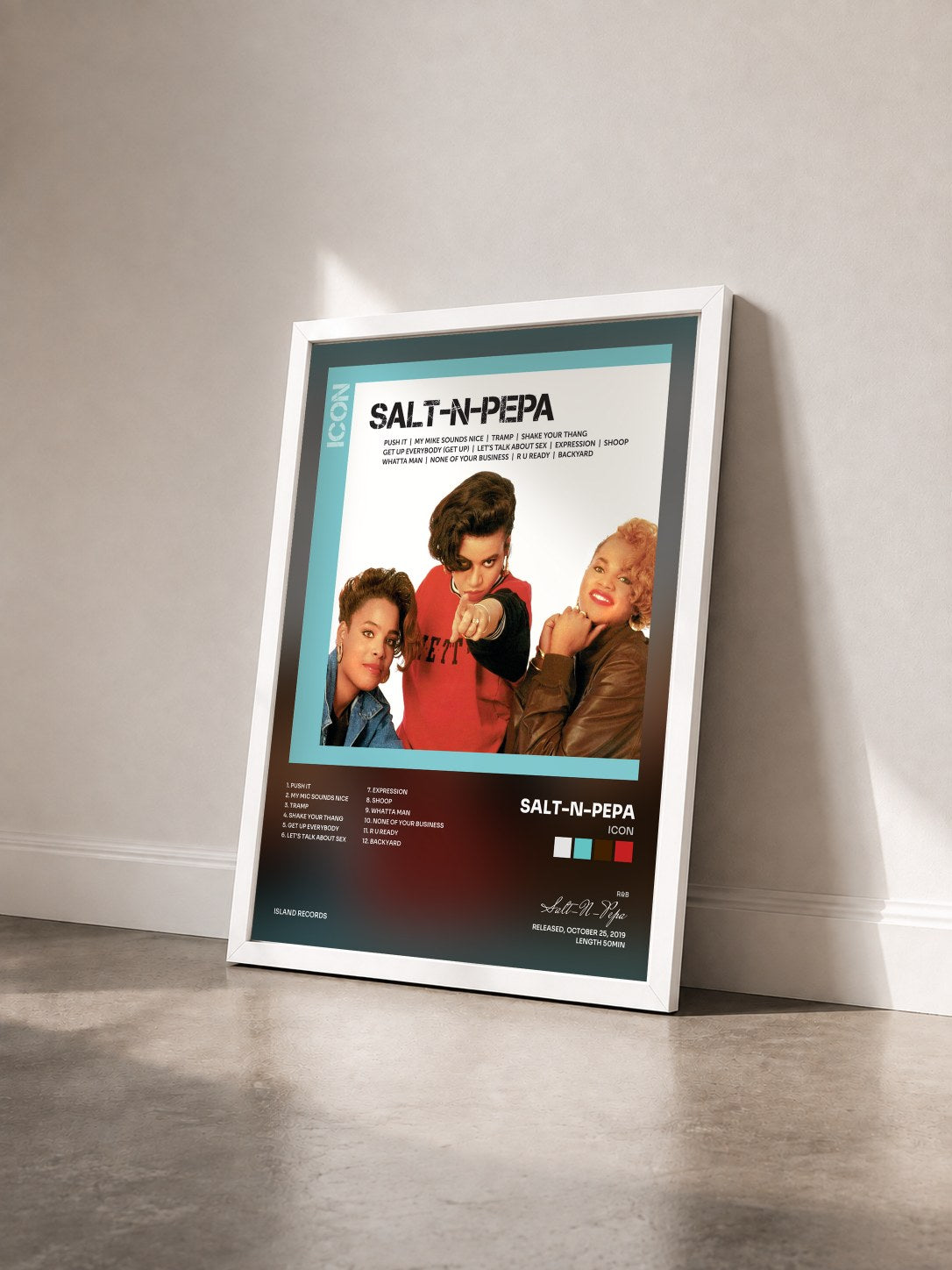 #blanc Tableau de l'album ICON de Salt-N-Pepa vu de trois quarts, cadre blanc
