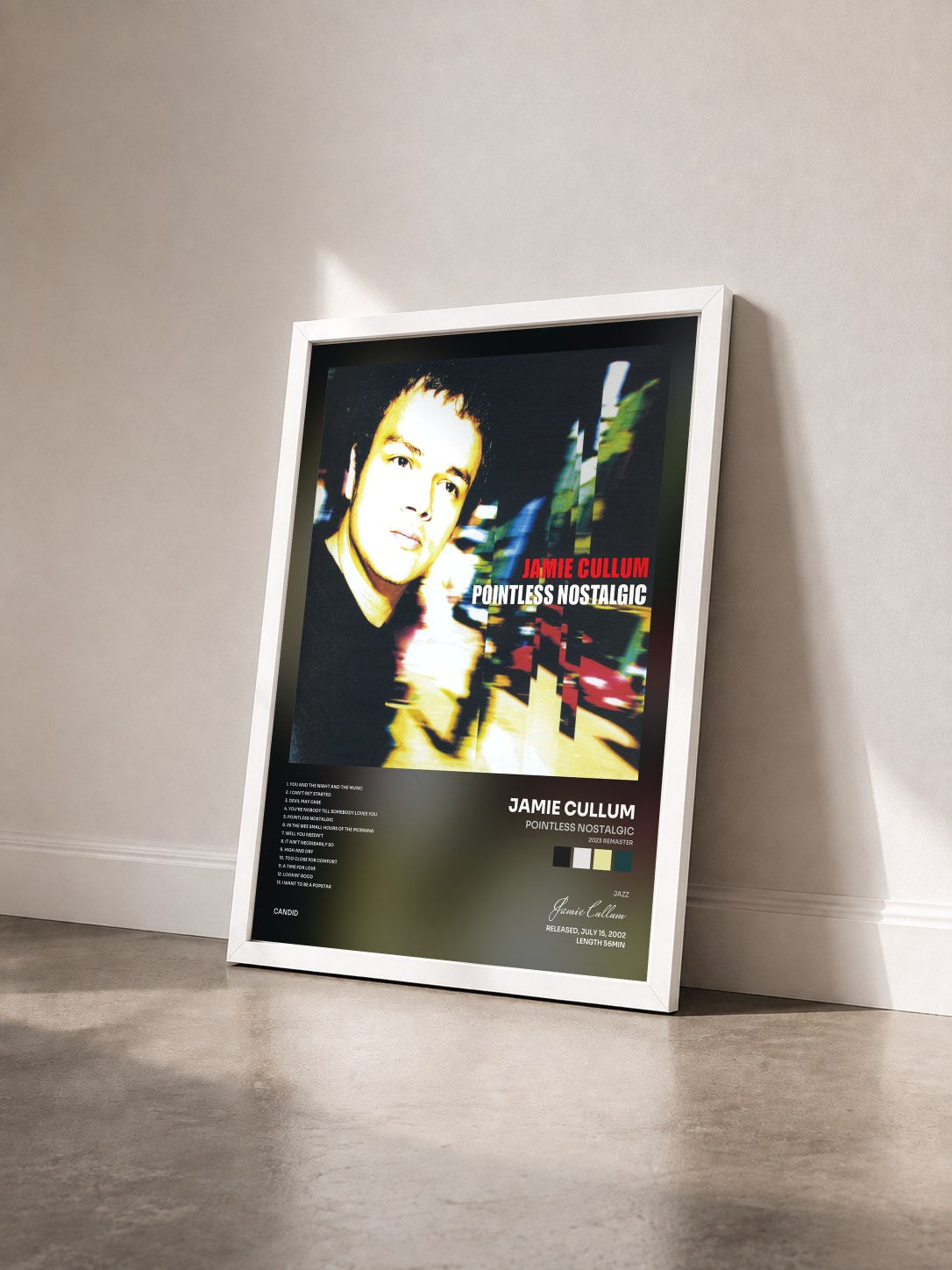 #blanc Tableau de l'album Pointless Nostalgic (2023 Remaster) de Jamie Cullum vu de trois quarts, cadre blanc